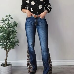 Women's Blue Flared Jeans with Patterned Detail